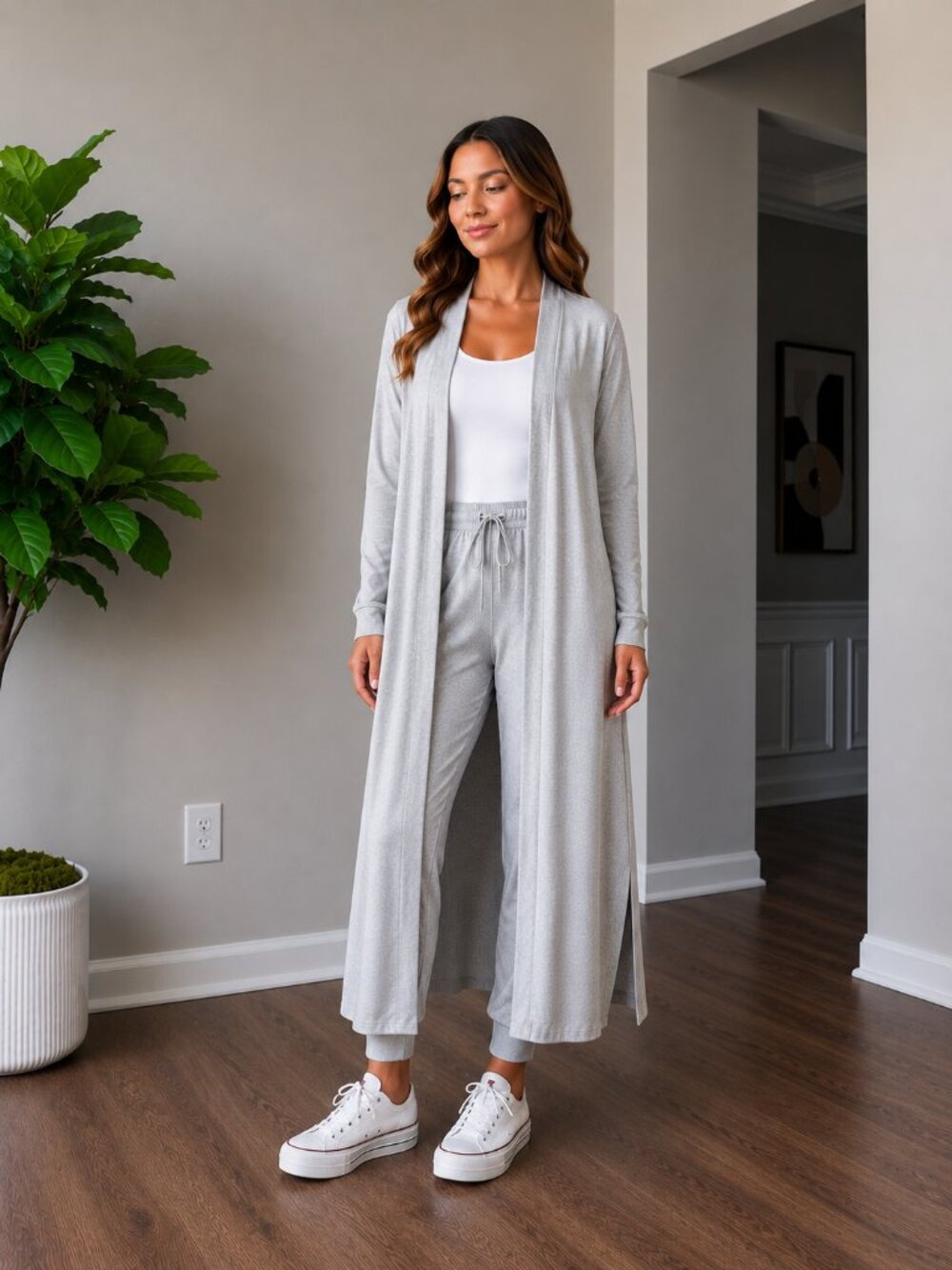 Light Grey Long Duster Cardigan & Jogger Lounge Set – 2-Piece Women